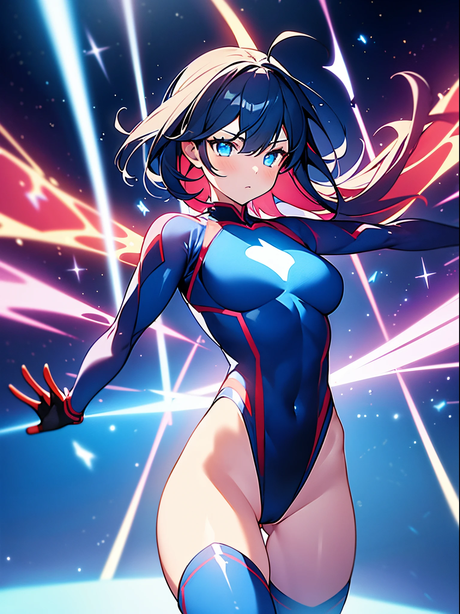 1girl, superhero, leotard, blue and red leotard, bare legs, boots, gloves, medium breasts, beautiful detailed eyes, glowing body, light surrounding her body, light particles, space backdrop, standing pose, floating, cowboy shot, full body shot, superpower, perfect anatomy.