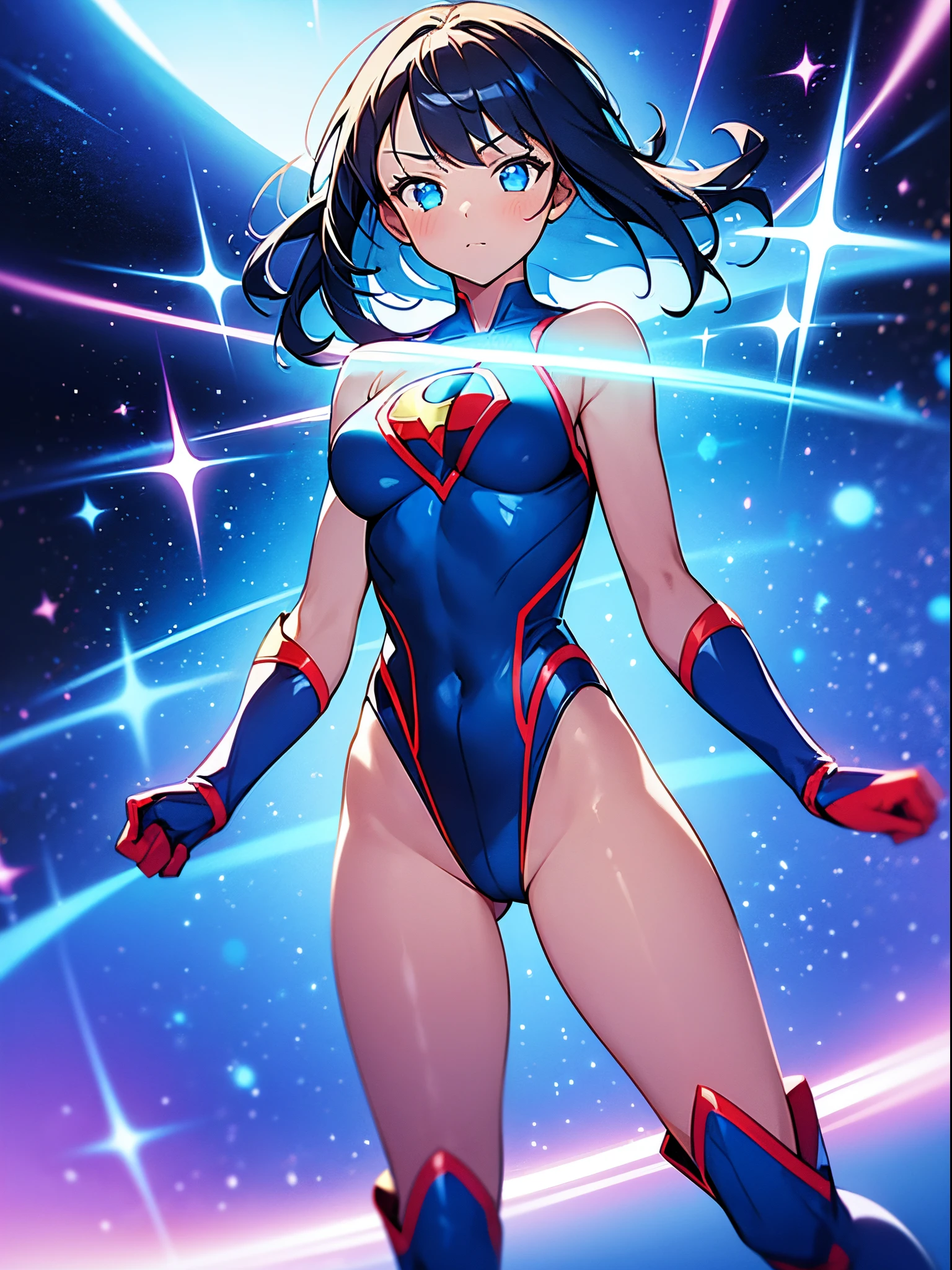 1girl, superhero, leotard, blue and red leotard, bare legs, boots, gloves, medium breasts, beautiful detailed eyes, glowing body, light surrounding her body, light particles, space backdrop, standing pose, floating, cowboy shot, full body shot, superpower, perfect anatomy.