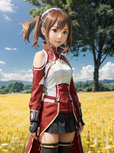 (real), (realistic), (real photo), (masterpiece), 8k, (high detail), asian girl in a red and white dress standing in a field, sao style anime, silica from sao, anime visual of a cute girl, sword art online,