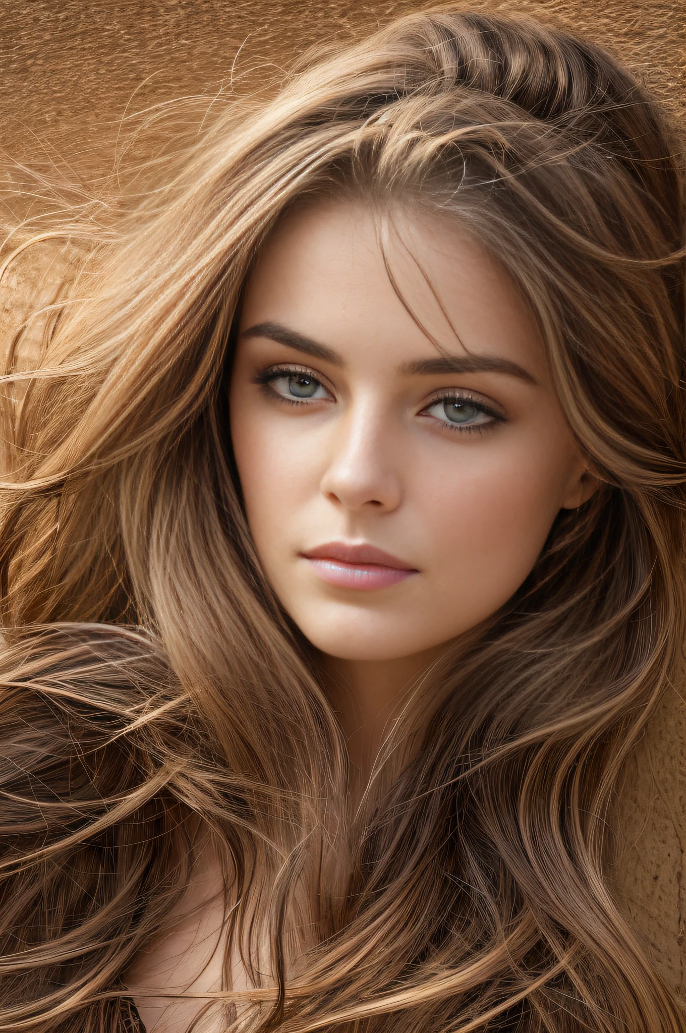 ((hyperrealistic, photorealistic, 8k, intricate details)) A beautiful young Venetian woman, princess of Venice, queen of Italy, with light brown hair, silky skin, full breasts, and long dress sitting on the rooftop of a Los Angeles skyscraper at sunrise. The sky has a few stars from the previous evening. She stares curiously at the horizon with wonder in her eyes, in a beautiful and delicate engraving. She seems to be lost in thought as the wind slowly moves through her hair, masterpiece, best quality, ultra-detailed, solo, outdoor (warm hue, warm tone): 1.2), close-up, cinematic light, soft side lighting, ultra high resolution, best shadow, RAW, upper body.