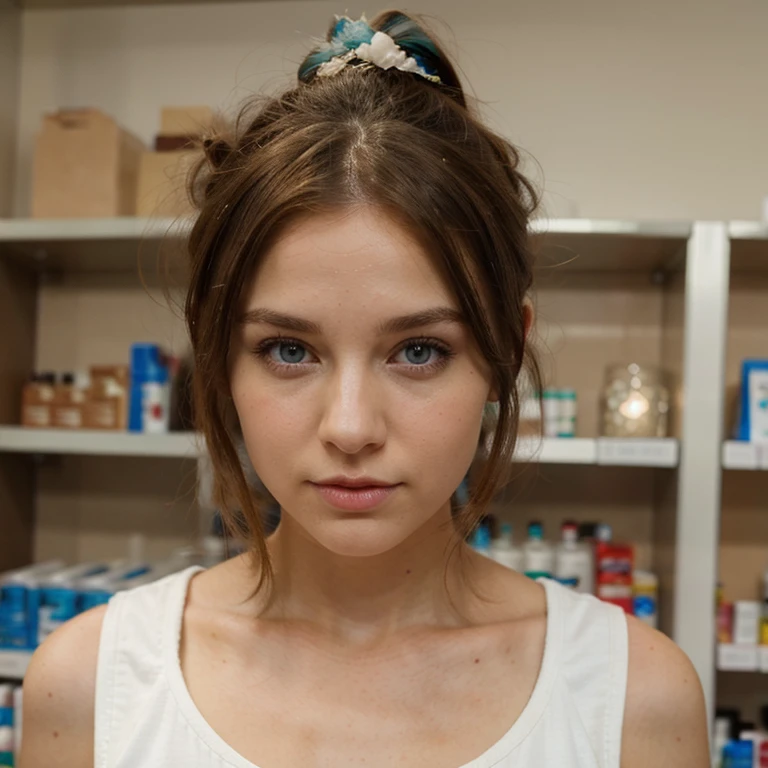 pharmacist white woman brown hair blue eyes bun in hair