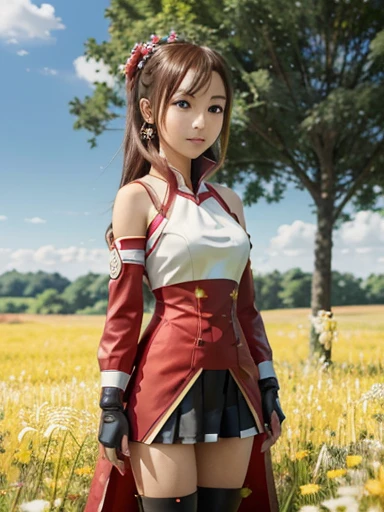 (real), (realistic), (real photo), (masterpiece), 8k, (high detail), asian girl in a red and white dress standing in a field, sao style anime, silica from sao, anime visual of a cute girl, sword art online,