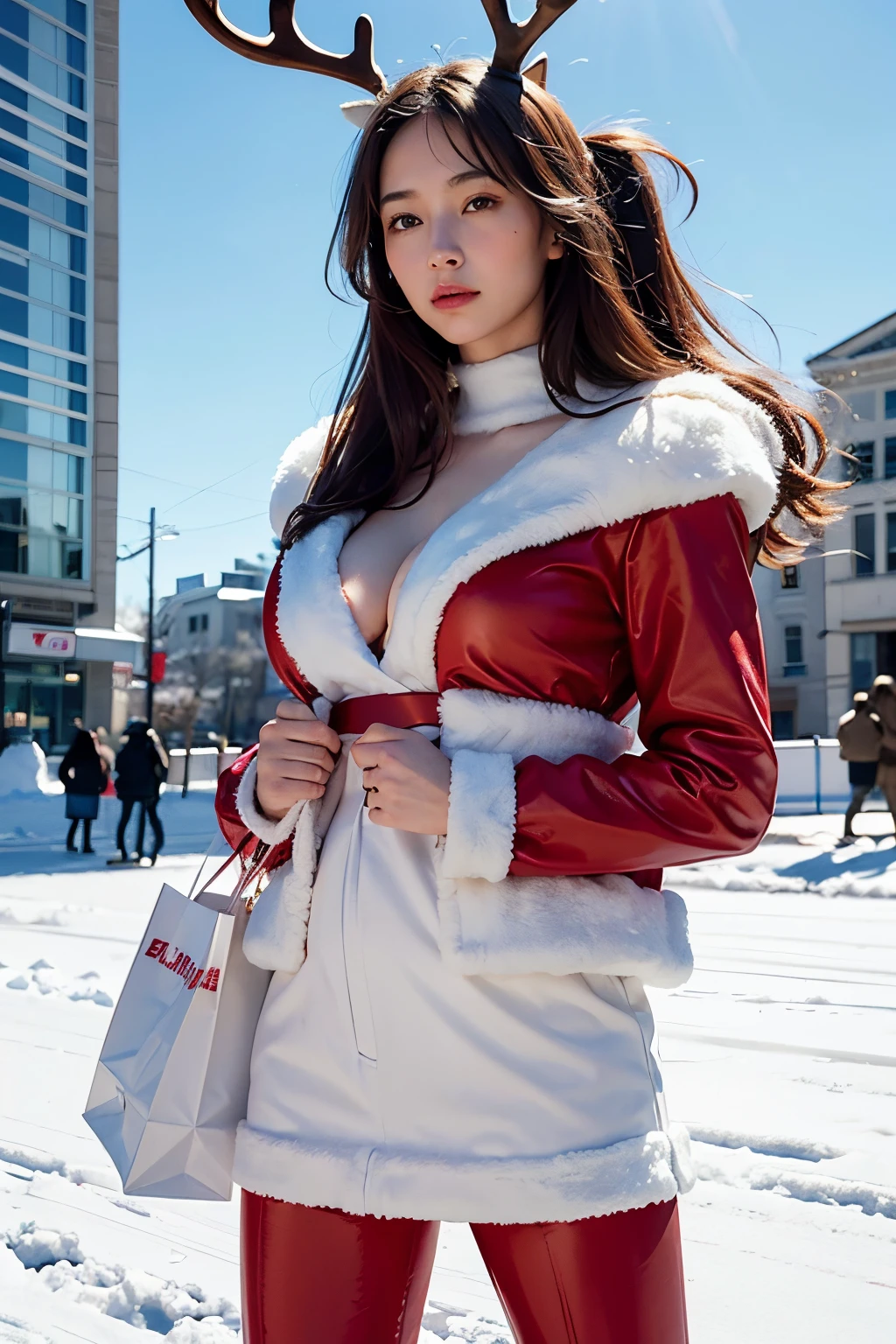 RAW photo, Portrait of a Santa Claus girl in a pink rubber suit. Ride a big reindeer Comes with a gift bag...... On the snow-covered city street, long haircut, pale skin, Slim body, big breastm, I have received more details......, Special surface details, pure sky background , (highly detailed skin:1.2), 8k UHD, ultra hd, DSLR, gentle lighting, High Quality, grain of film, Fujifilm XT3