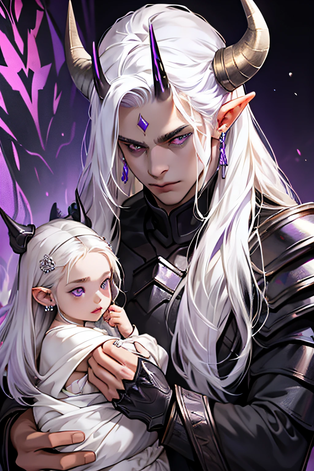 male and female couple, long white hair, glowing purple eyes, horns, strong body, black armor with details, pointy ears, ear piercings, forhead accessory, holding girl
