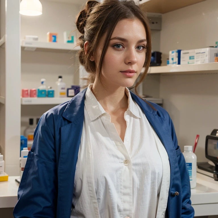 pharmacist white woman brown hair blue eyes bun in hair lab coat