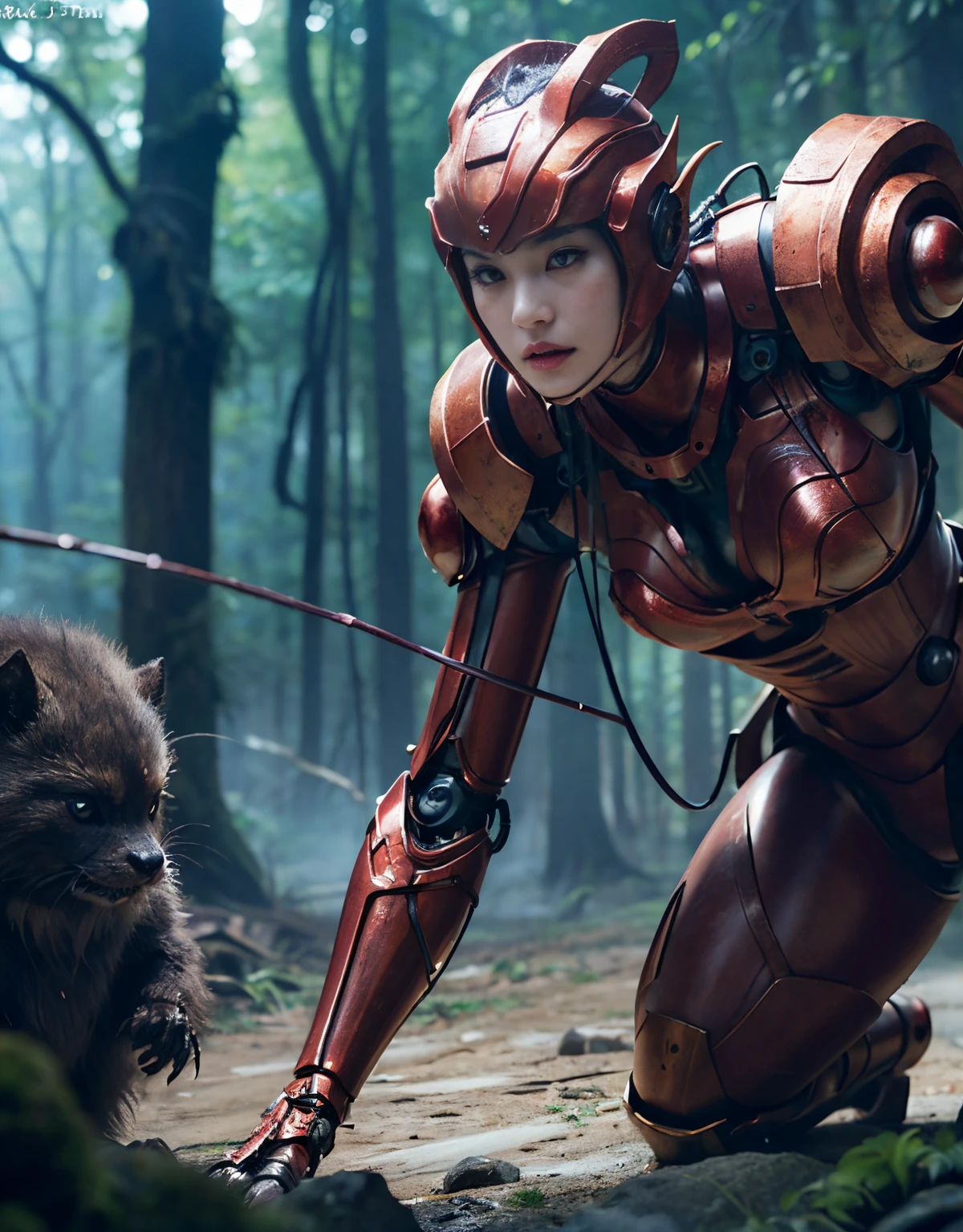 (1 Mechanical Girl)、（Mystical expression）、top-quality、​masterpiece、超A high resolution、(Photorealsitic:1.4)、Raw photo、女の子1人、Fight mutants、glowy skin、(((1 Mechanical Girl)))、（Red Metal Bodysuit）、(Fight goblings、ogre、Fierce battle with Osite、Beautiful forest background of fierce battle with alien night demon beast)、(Small LED)、((super realistic details))、vertical giant monster background),globalillumination、Shadow、octan render、8K、ultrasharp、Colossal tits、Raw skin exposed in the cleavage、red metal、Details of complex ornaments、Japan details、highly intricate detail、Realistic light、(Mystical expression),CG Society Trenlow Eyes、Eyes shining towards the camera、Mechanical marginal blood vessels connected to neon detail tubes)、(Wires and cables connecting to the head)、Small LED、,Mechanical thighs、Toostock、（Hands are also made of machines.traces on the cliff）、机器人、