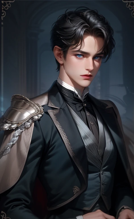 (masterpiece,best quality,ultra_detailed,highres,absurdres) (detailed shadow) (quality light),1 (mature) male, 30-ish, ((wide shoulder)) (muscleale focus, solo, short black Quiff hair with Soft Fringe (bangs part on side 3:7 ratio), blue eyes (detailed eyes), upper body, short hair, looking at viewer, parted lips, round eyewear, fantasy, aristocracy clothelack and silver suit), nobleman, victorian era background (detailed background), night time.