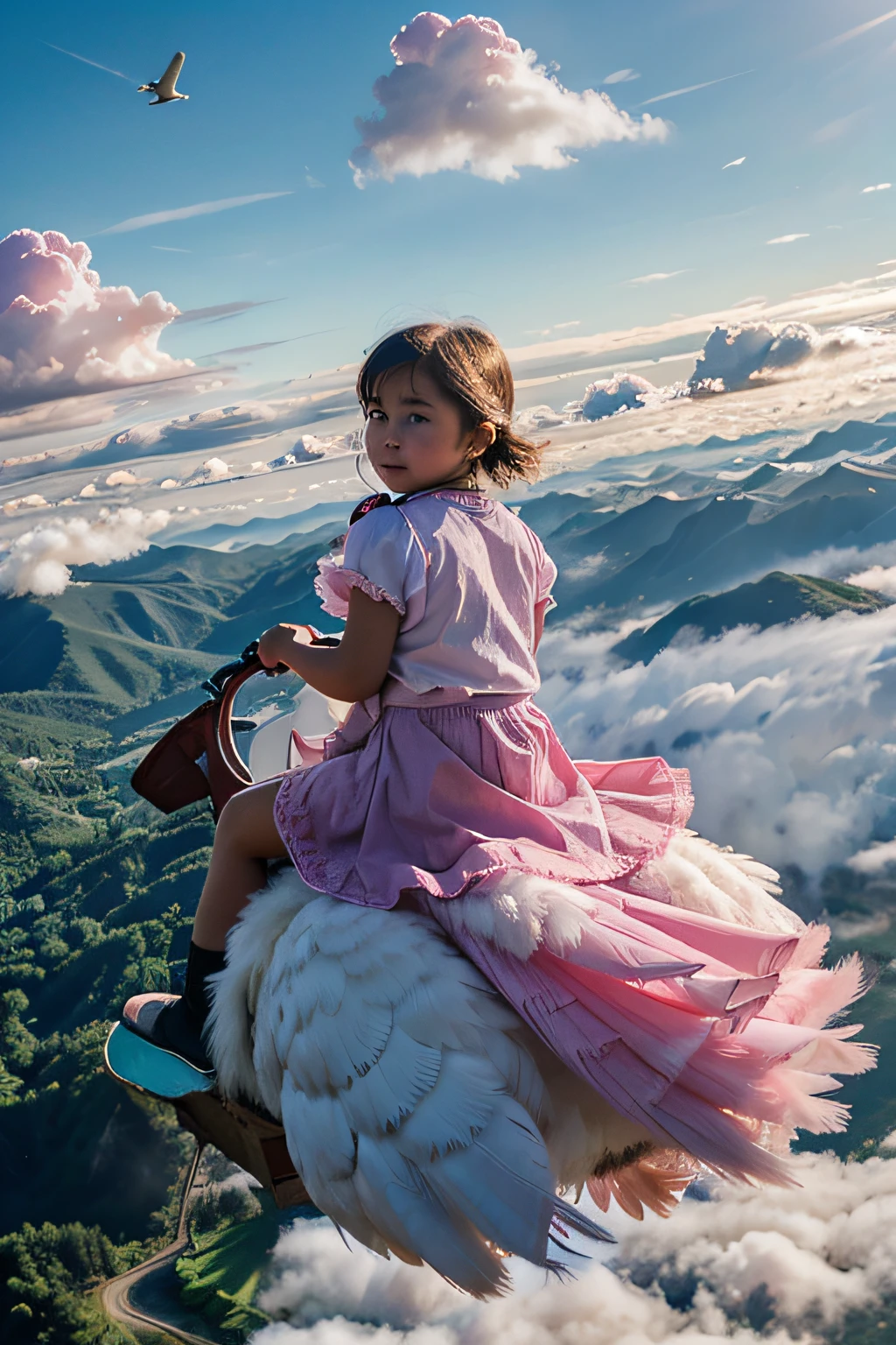 A girl riding on a pink, blue and white feathered bird flying above the clouds