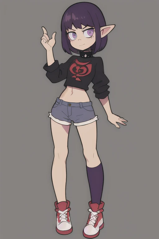 1girl, ((Full body)), Short dark shirt that only reaches the navel, Elf's ears, Sleepy and tired eyes
Pants with chain on one side, purple hair, Short hair with pigtails and bangs, Purple eyeliner, purple eyes, with braceras on their hands in the shape of spikes, Spiked collar on the neck ((La mejor calidad)), ((Obra maestra)), (Detallado), Cara perfecta,