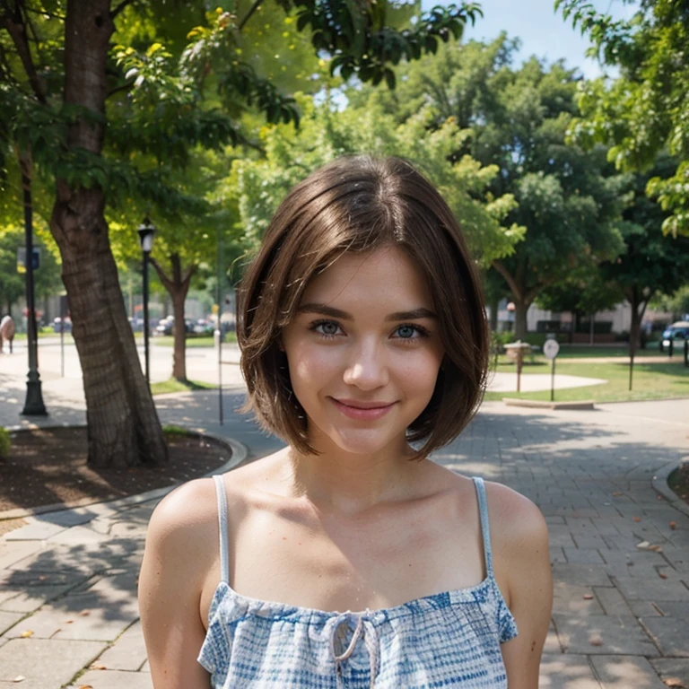 white woman brown hair blue eyes medium cut hair at park sundress happy Expression