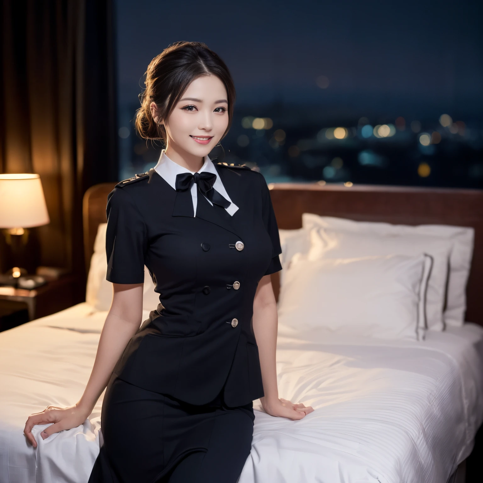 ((top-quality、masutepiece、8K、Top image quality、Hyper-Realism))、(1 photo:1.5)、(1 real female stewardess:1.3)、(cowboy shot:1.3)、((Sit on the most exclusive and luxurious bed、sit on a bed、Sit tastefully))、((The most luxurious luxury hotel bedroom background:1.5)、(Perfect authentic stewardess uniform:1.7)、(Midnight、a dark night、deep in the night、Dark:1.5)、(Chignon)、large full breasts、Elegant smile、Perfect makeup、long eyelashes、View me、(perfect anatomia:1.3)