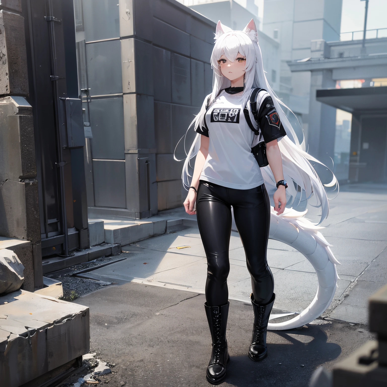 8k resolution, high quality, high resolution, best quality, best resolution, absurd resolution, ray tracing, high detailed, white hair, female,white wolf ears, teenage girl, slim body, white scale dragon tail,black combat boots,dark camo pants, black t-shirt, combat medic backpack