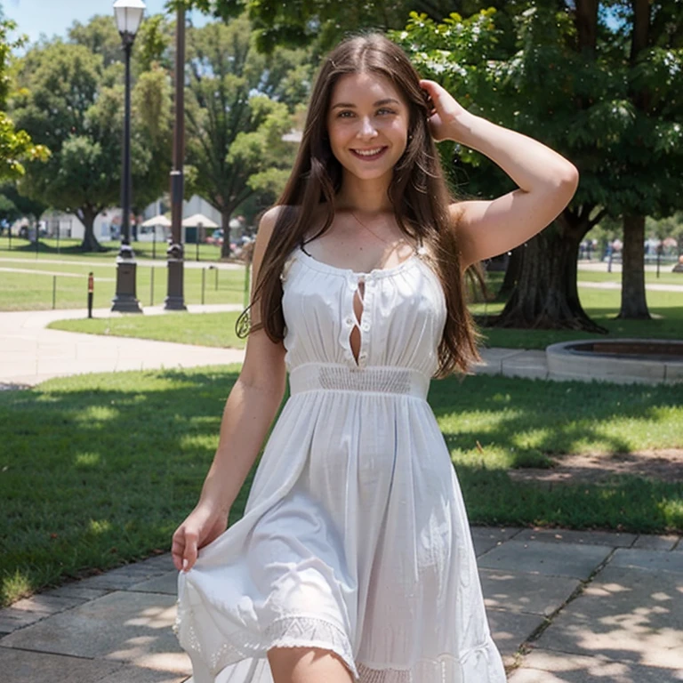 brown hair blue eyes white woman long hair sundress at park happy Expression