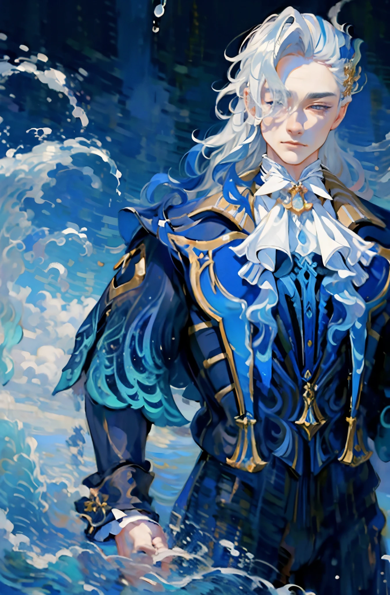 1  mature man colo, long white hair with blue streaks, blue clothes, water waves on background, oil painting