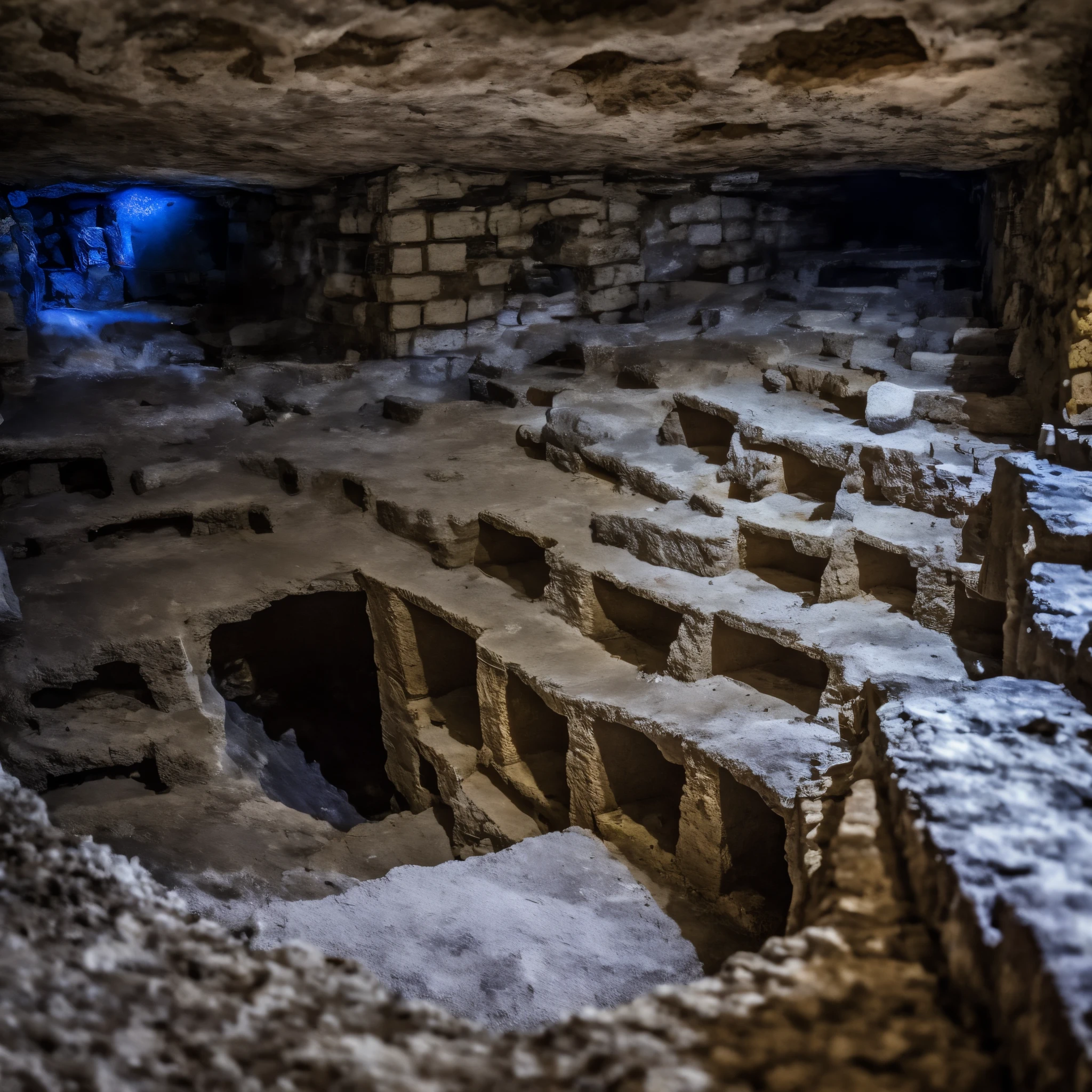 Bricks, crushed bricks, brick fragments,  Old catacombs, dungeon, basement, Stone walls, Inside the Ancient Castle, bunker, bomb shelter, stone floor