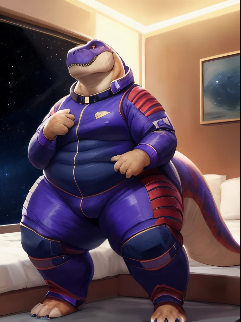 nsfw, (solo), (anthro), (by buta99, by taran fiddler, by gillpanda, by quanjiang), (tyrannosaurus rex:1.4), female, hyper butt, (standing:1.1), (spread legs), curvy figure, curvy body, enormous, camel toe, (wide hips, thick thighs, hyper butt), (fangs, sharp teeth), wrinkles, (looking at viewer), (happy, blush:1.2), tail, thick tail, long tail, (elderly female, older female), milf, granny, (big eyes, glistening eyes), uploaded on e621, best quality, hi res, sharp focus, (bedroom), pet collar, hindpaws, handpaws, paws, saliva, space, (spacesuit:1.2), futuristic, purple suit, gimp suit