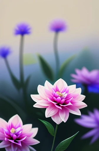 Digital art detailed for the best masterpieces, Highest Quality, bright delicate blue and pink dahlia flowers with elegant leaves, Beautiful and elegant diamonds in the background, Graceful stems, And delicate, And elegant, flowey, Glittering petals, flowercore, surrounded flower, The sparkling magic of flowers, Beautiful animations, Bright flowers, Beautiful flowers and crystals, Luminous flowers, huge flower, light bloom, full bloom, Flowers that shine with bloom ether effect, Magic colorful flowers with flower pieces in the middle of the garden, floral environment, Beautiful Art UHD 4K, magical flowers, Beautiful digital painting detailed in digital photography, Detailed painting in 4K, background artwork, Floral color, highly-detailed digital painting, Appeared in 4K, Best Quality, hight resolution, 4K, 8K