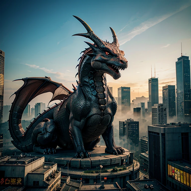 BJ_Sacred_beast,red_eyes,outdoors,horns,sky,cloud,no_humans,bird,cloudy_sky,scenery,stairs,fantasy,dragon,Japanese cityscape,eastern_dragon,cinematic lighting,strong contrast,high level of detail,Best quality,masterpiece,