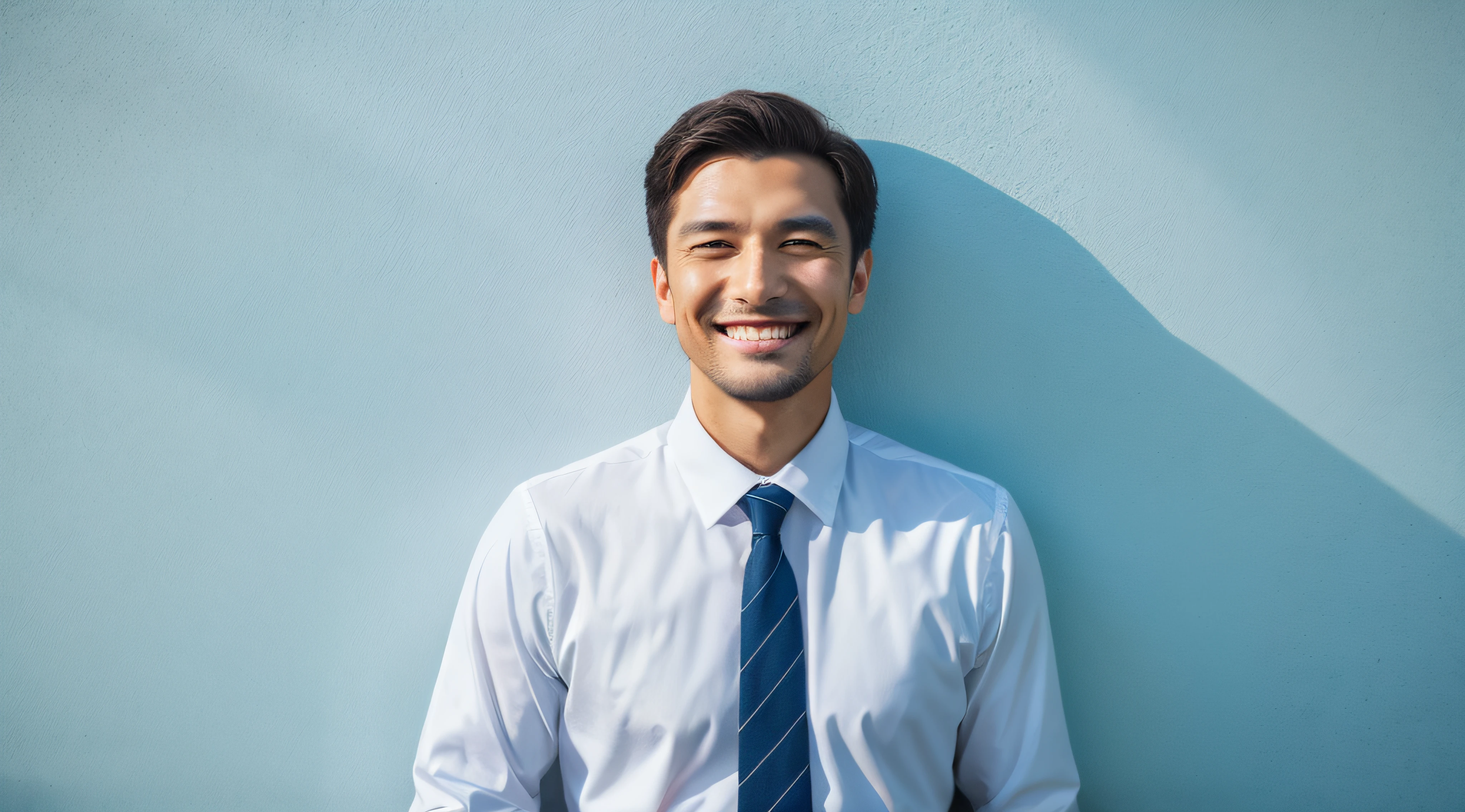 Businessman smiling in the corner of a white wall