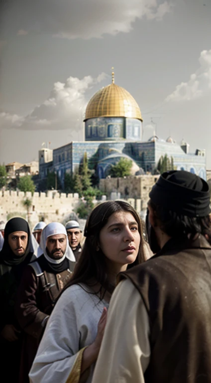 A historical scene where Selahattin Eyübi showed mercy to the people after taking Jerusalem. The people and houses of Jerusalem in the background. A moment in the foreground where Selahattin Eyübi is speaking to or helping the public. Brown, yellow and white colors are dominant in the image. The visual is epic, drawn in an epic and cinematic style.