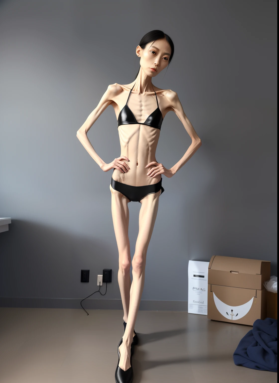 very thin woman,The body very thin,Protruding sternum,The sternum distinct,The waist very thin,The ribs are noticeable,Protruding ribs,The pelvic protrusion very obvious,Clear outline of pelvis,thin shoulde,The waist very thin,Sunken abdomen,Abdominal muscle atrophy,Delicate arms,arm muscle atrophy,Slender thighs,Knees are obviously protruding,Ankle bulges,The ankle bones are obvious,The leg bones are obvious,leg muscle atrophy,anorexia,Asia face,Wear tight leather pants,Wear slippers,Significant atrophy of dorsalis pedis muscles,Haggard expression,Lose weight while crying,Girl's face,Severe malnutrition,Body as thin as a skeleton