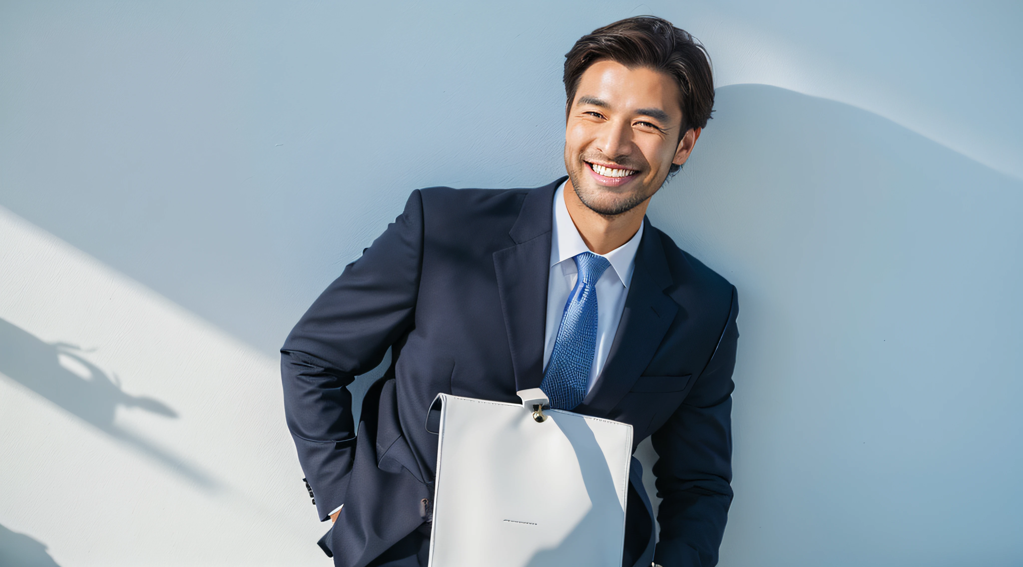 Businessman smiling in the corner of a white wall