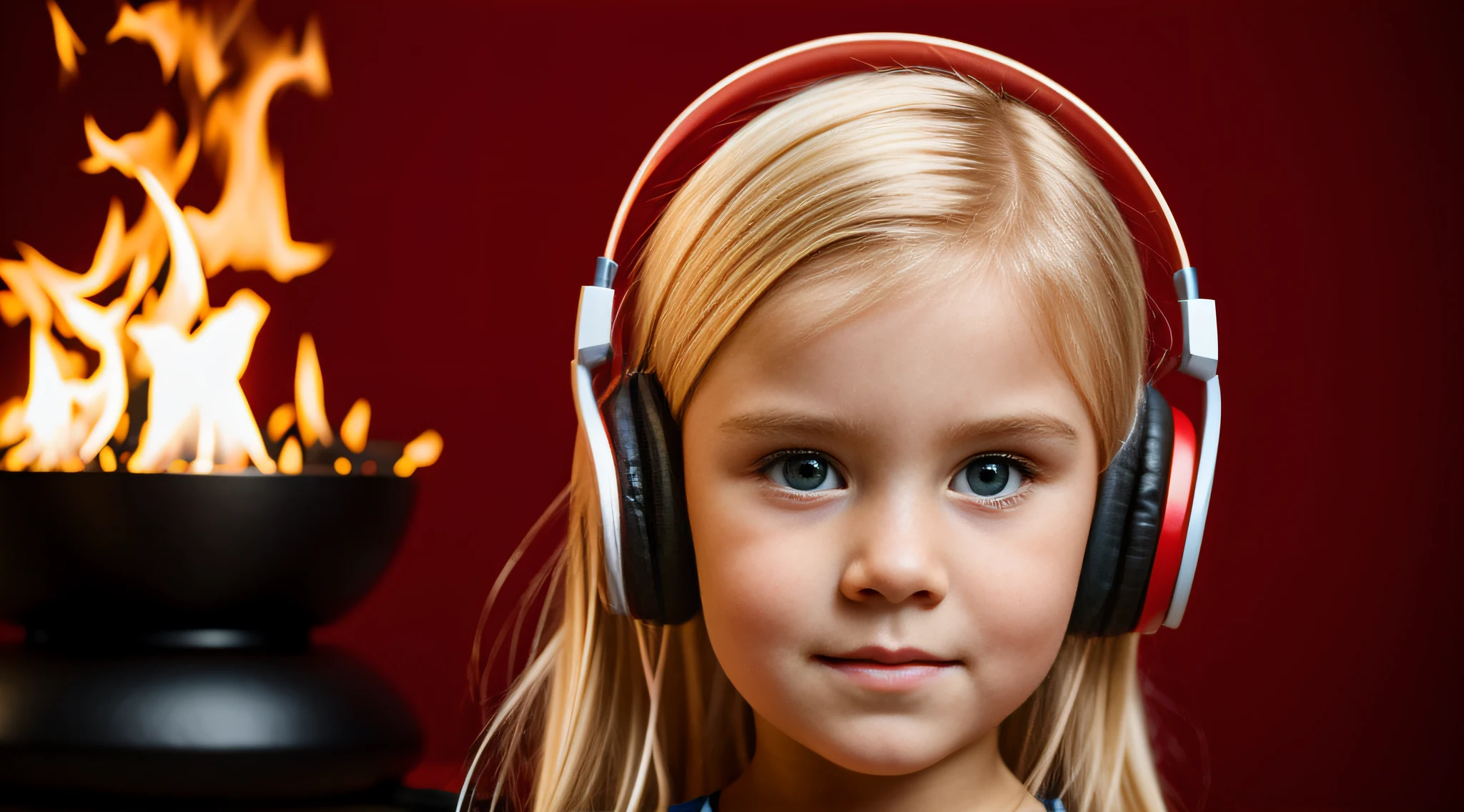 super cabelo loiro , com cabelo de fogo com fones de ouvido e fogo ao fundo, fechar para cima. fundo vermelho.