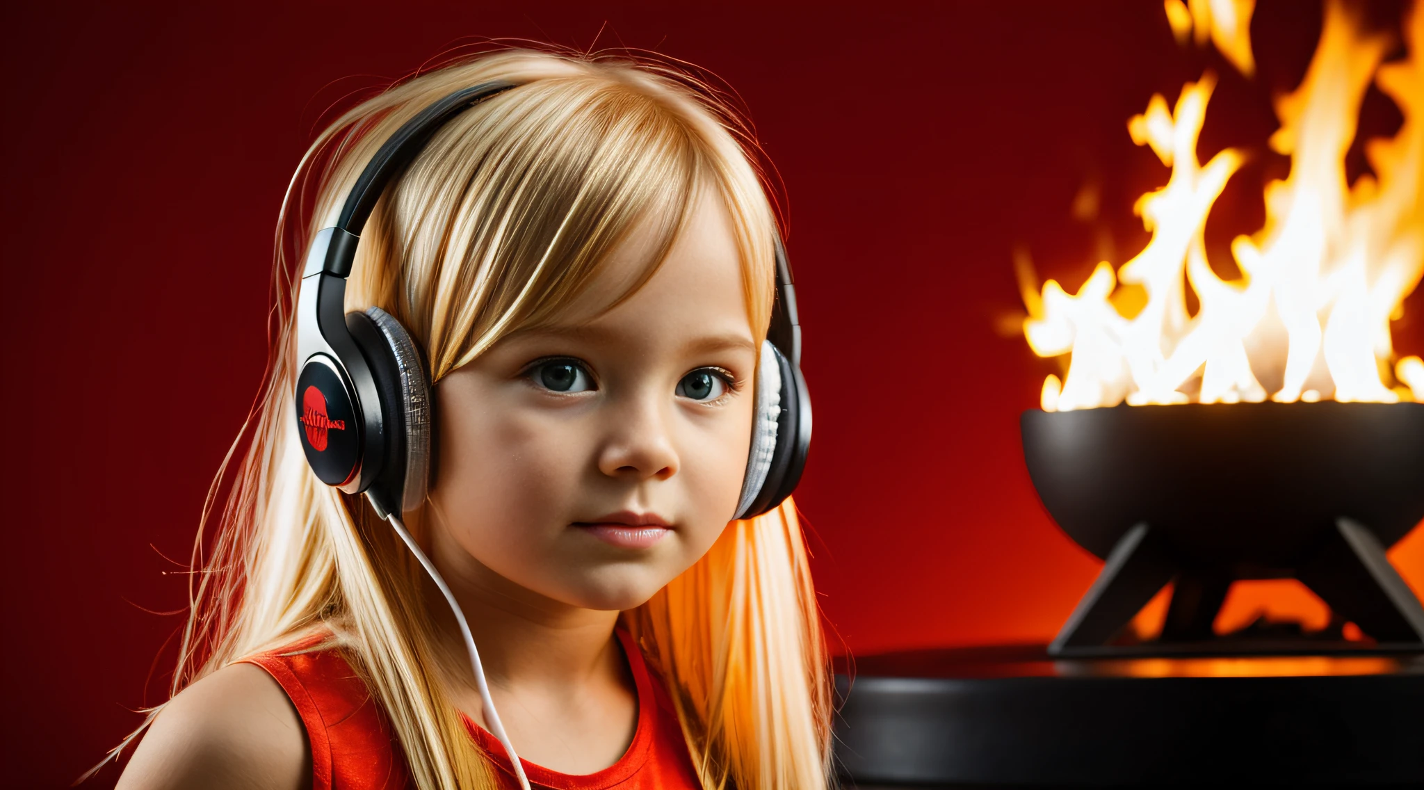 super cabelo loiro , com cabelo de fogo com fones de ouvido e fogo ao fundo, fechar para cima. fundo vermelho.