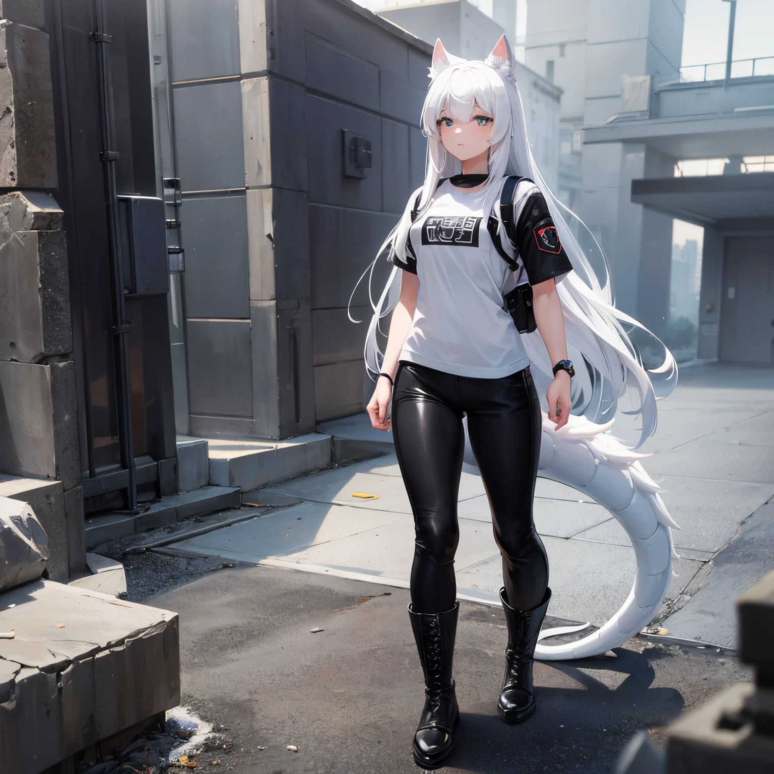 8k resolution, high quality, high resolution, best quality, best resolution, absurd resolution, ray tracing, high detailed, white hair, female,white wolf ears, teenage girl, slim body, white scale dragon tail,black combat boots,dark camo pants, black t-shirt, combat medic backpack, tail setting on her tail bone, detailed blue eyes, beautiful face,MP5