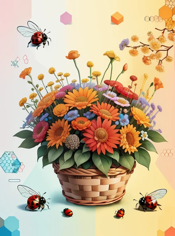 (cute basket of flowers with honey bees and red ladybugs) Munchkin,Geometric multidimensional wall portrait, livro de arte, Tchibi,
Yang08k, Beautiful, Colouring,
Obras, of the highest quality, best quality, Arte Oficial, Beautiful and Aesthetic,