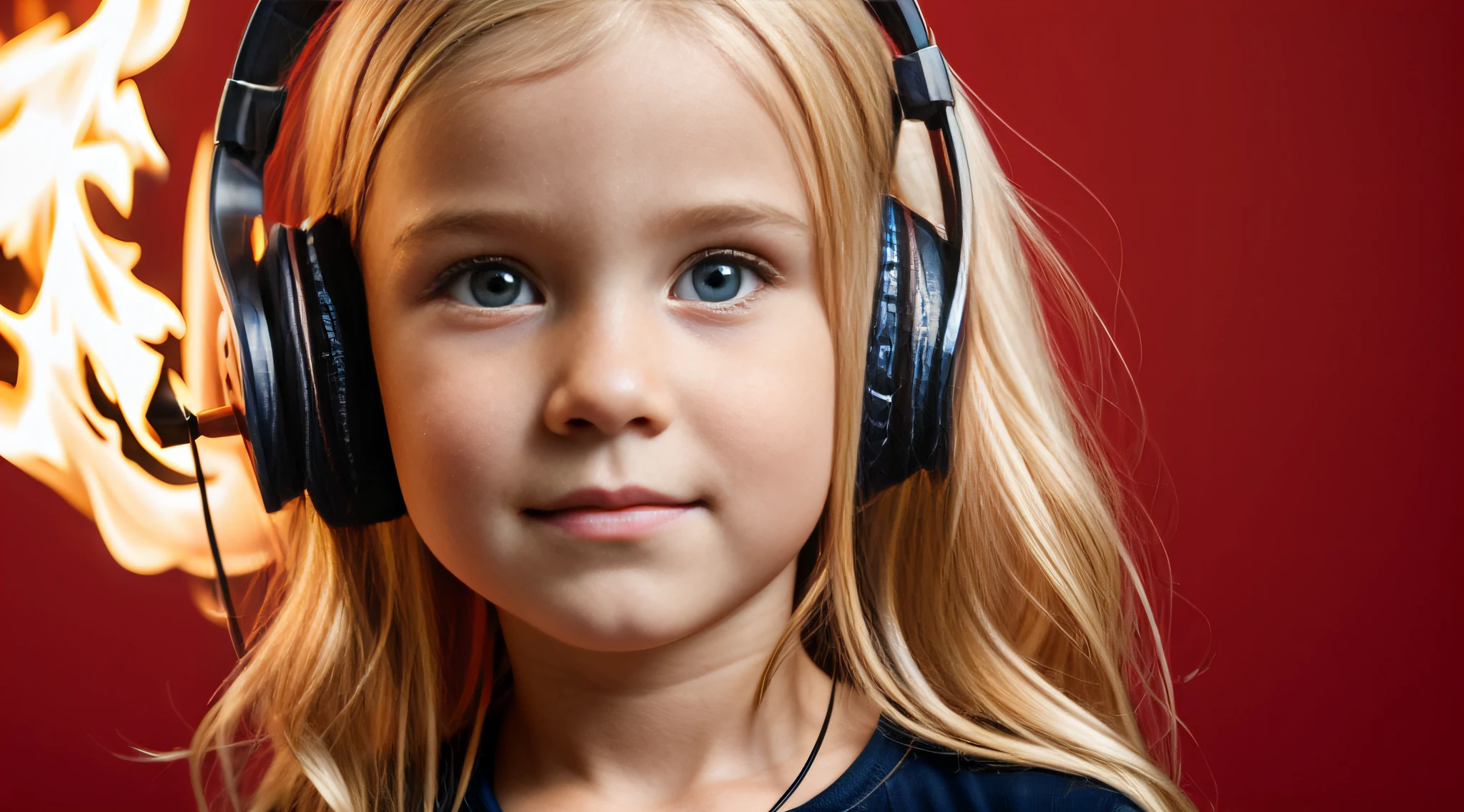 super cabelo loiro , com cabelo de fogo com fones de ouvido e fogo ao fundo, fechar para cima. fundo vermelho.