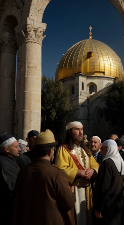 A historical scene where Selahattin Eyübi showed mercy to the people after taking Jerusalem. The people and houses of Jerusalem in the background. A moment in the foreground where Selahattin Eyübi is speaking to or helping the public. Brown, yellow and white colors are dominant in the image. The visual is epic, drawn in an epic and cinematic style.