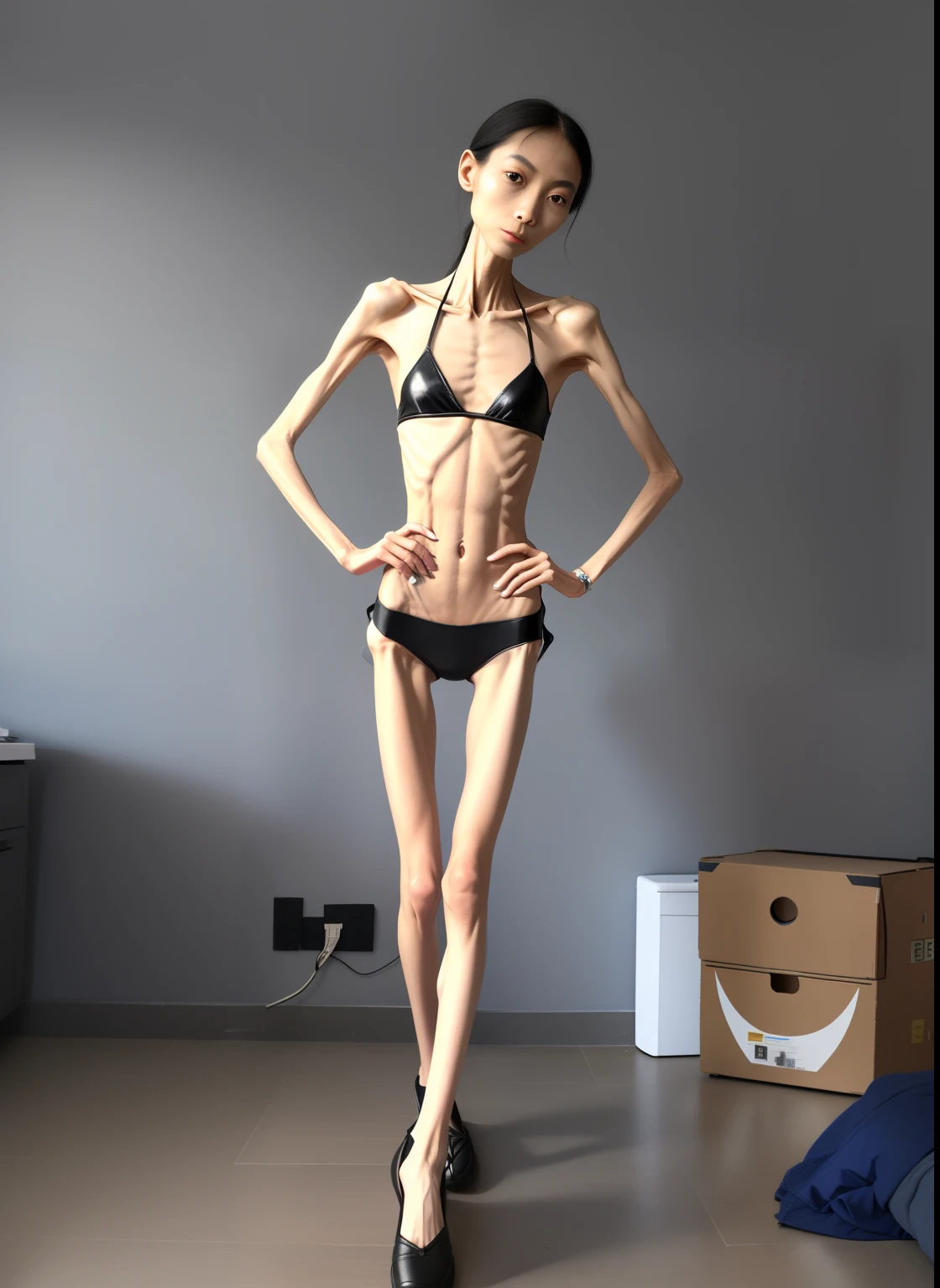 very thin woman,The body very thin,Protruding sternum,The sternum distinct,The waist very thin,The ribs are noticeable,Protruding ribs,The pelvic protrusion very obvious,Clear outline of pelvis,thin shoulde,The waist very thin,Sunken abdomen,Abdominal muscle atrophy,Delicate arms,arm muscle atrophy,slender thigh,Knees are obviously protruding,Ankle bulges,The ankle bones are obvious,The leg bones are obvious,leg muscle atrophy,anorexia,Asia face,Wear tight leather pants,Wear slippers,Significant atrophy of dorsalis pedis muscles,Haggard expression,Excessive weight loss,Girl's face,Severe malnutrition,Body as thin as a skeleton