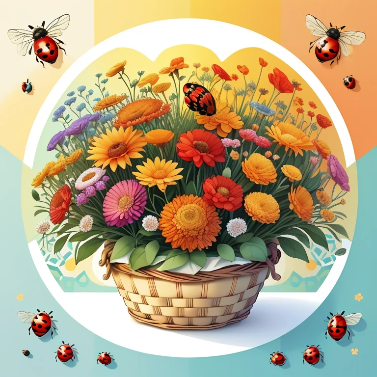 (cute basket of flowers with honey bees and red ladybugs) Munchkin, Geometric multidimensional wall portrait, livro de arte, Tchibi,
Yang08k, Beautiful, Colouring,
Obras, of the highest quality, best quality, Arte Oficial, Beautiful and Aesthetic,