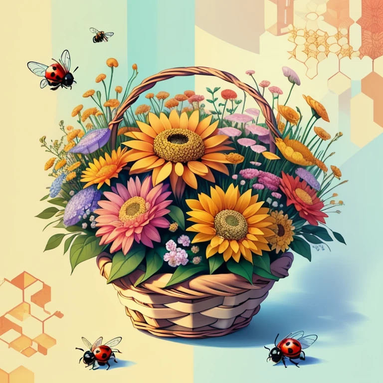 (cute basket of flowers with honey bees and red ladybugs) Munchkin, Geometric multidimensional wall portrait, livro de arte, Tchibi,
Yang08k, Beautiful, Colouring,
Obras, of the highest quality, best quality, Arte Oficial, Beautiful and Aesthetic,