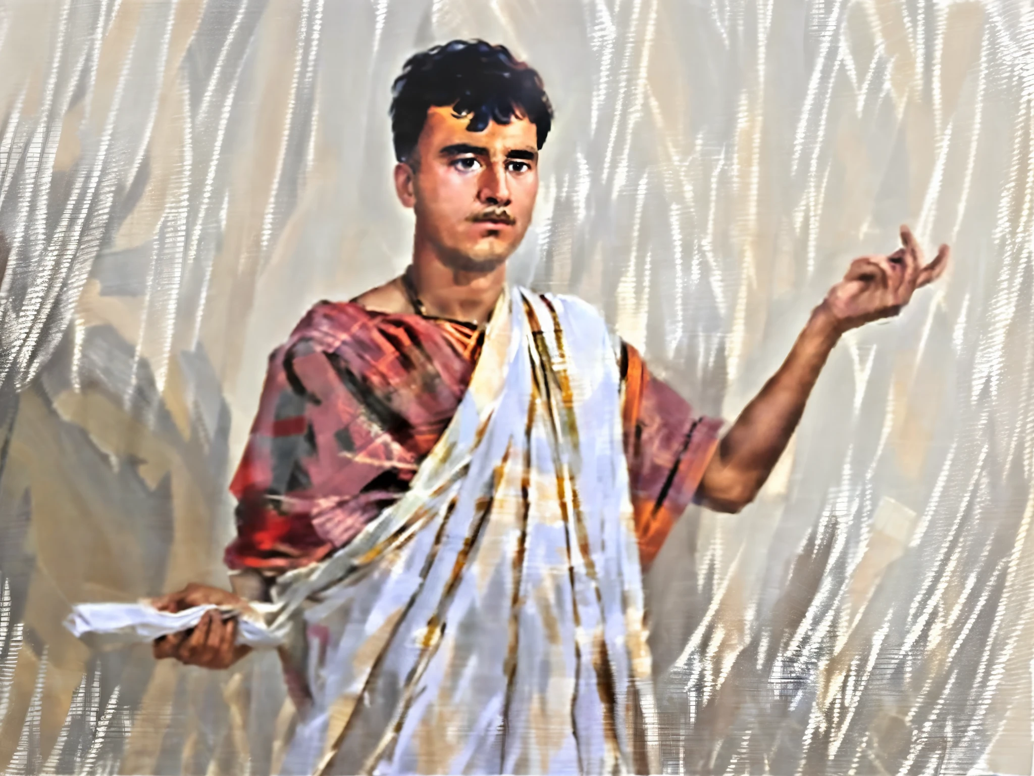 painting of a man in a white robe holding a white object, ancient rome man, sneering roman legioneer, inspired by Pogus Caesar, inspired by Roman Bezpalkiv, inspired by Pietro Testa, inspired by Augustus Dunbier, roman toga, inspired by Caesar Andrade Faini, inspired by Romano Vio, brutus