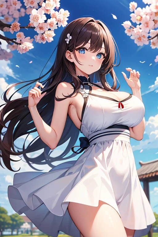 (tmasterpiece), Best quality at best, A high resolution, The very detailed, detailedbackground, perfect litthing, En plein air, 1个Giant Breast Girl, Sakura blossomull body like,brunette color hair,Long straight hair,blue color eyes,white dresses