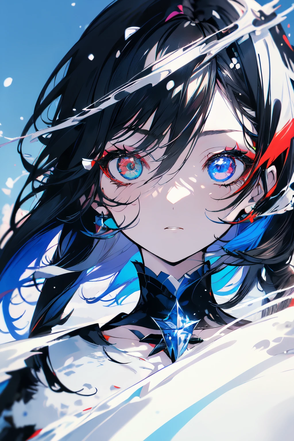 Masterpiece, Best Quality, digital painting, emo anime girl, frozen, ice, winter, long hair, ( half-white and black hair) , messy hair, (sharp red right eye), sharp heterochromatic eyes, (black eyeshadow), vampire. 4K, HDR,