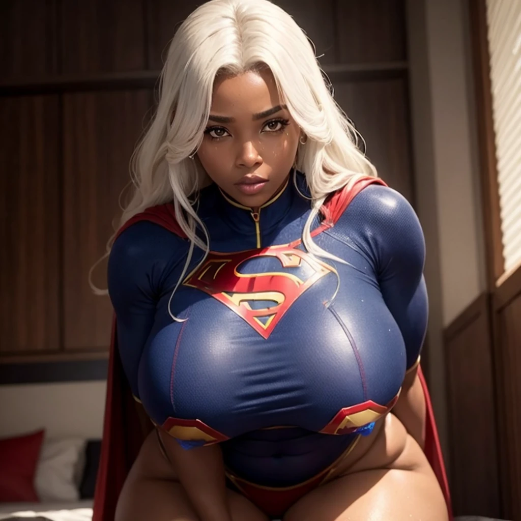 Emily a black African woman, com pele muito escura, de 45 anos com cabelos escuros, geralmente preso em um coque ou rabo de cavalo. His eyes are dark and expressive, transmitindo sua personalidade e sexy, Supergirl africana de cabelos negros deitada nos escombros、Traje esfarrapado、seios grandes e cheios、looking at the camera, sweating:1.2), (Wet), sexy, Corar, (Tentador Adulto) voluptuoso, Curvy, (Seductive dynamic pose) (seios pendurados), (clivagem profunda). She has an average height Sobre 1,70m, com seios grandes e flacidos, muito grandes e flacidos, seios muito fartos, Sagging Tits, sagging breast, quadris enormes, BBW. Emily a superhero muito sexy, super sexy, Usar roupas da supergirl, roupas supergirl rasgadas, destruidas, decote sexy. Ela costuma usar pouca maquiagem, preferindo um visual natural. best quality, Realistic photo, photo de corpo inteiro, deitada nos escombros, a lot of sweating, muito suada, bunda visivel