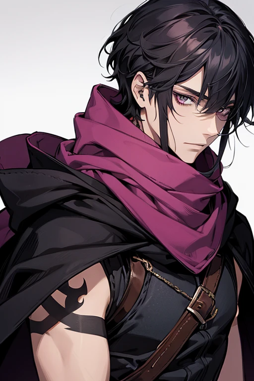 male people, straight bangs, black hair color hair, Purple-gray eyes, Nice face, Handsome, Tattoos are, Hooded scarf, Rogue Mage, medieval times