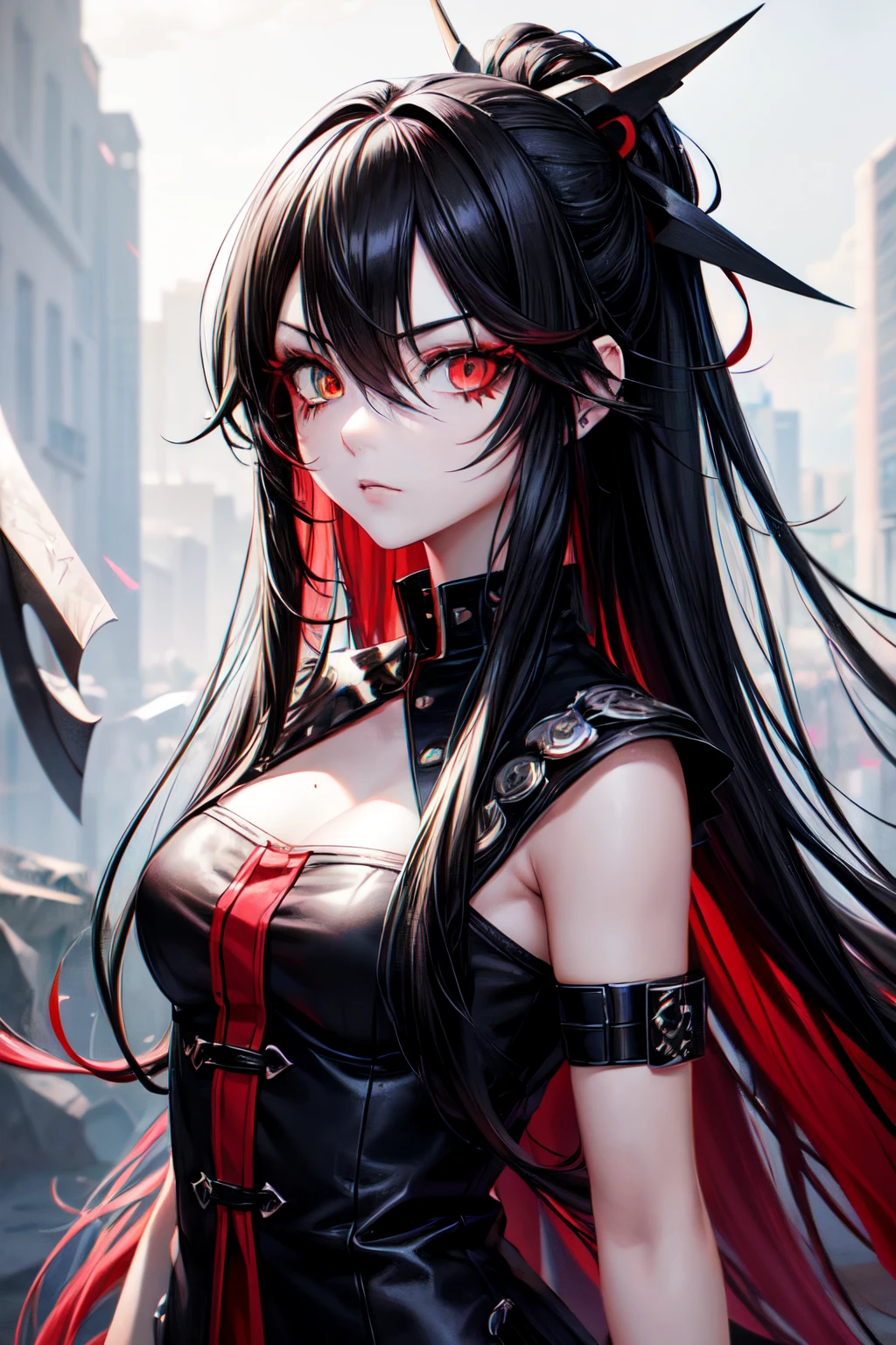 Masterpiece, Best Quality, digital painting, emo anime girl, long hair, ( half-white and black hair) , messy hair, (sharp red right eye), sharp heterochromatic eyes, (black eyeshadow), 4K, HDR,