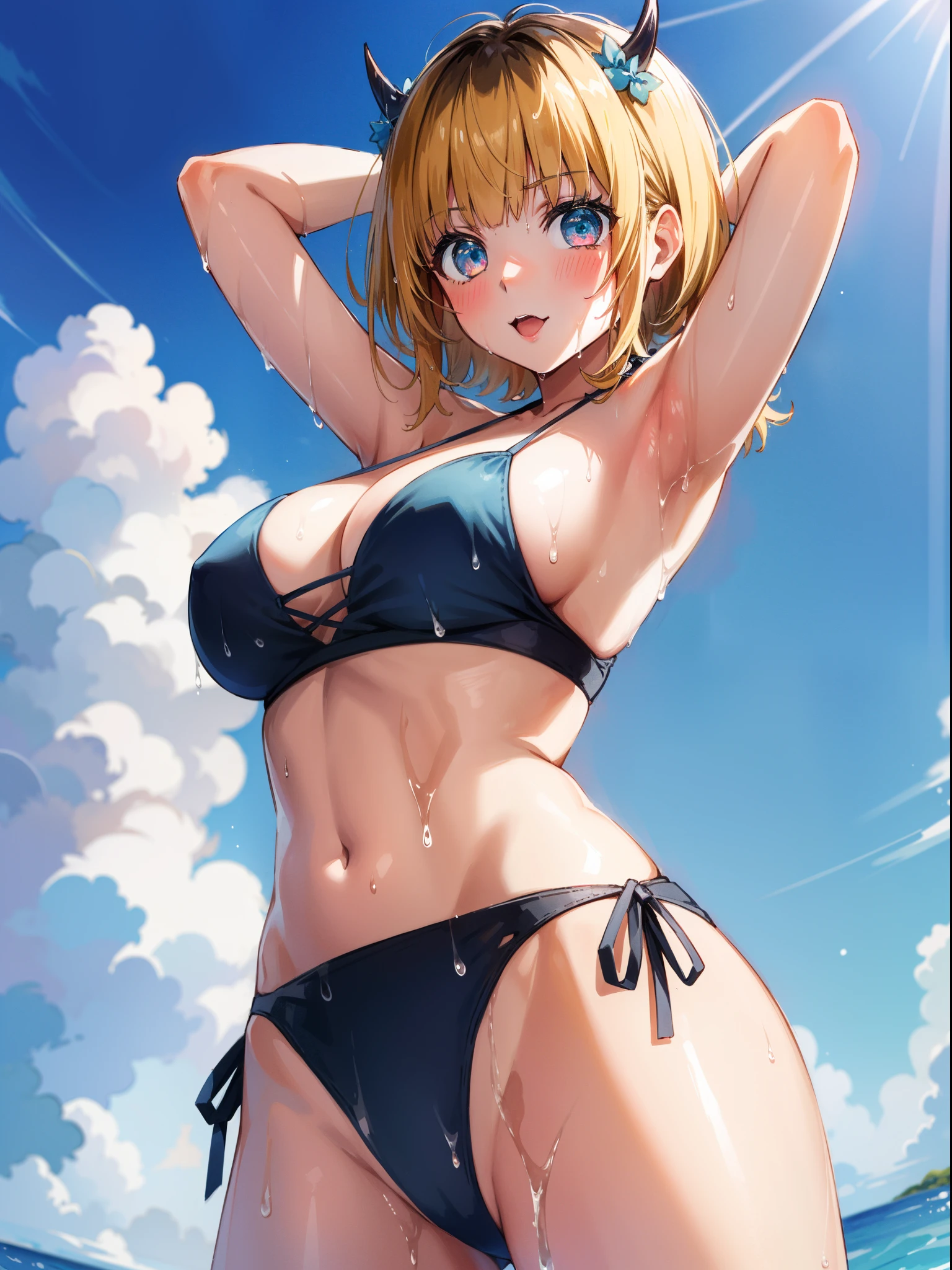 1girl, memcho, blonde hair, blue eyes, blunt bangs, demon horns, fake horns, horns, short hair, (blush:1.1),
BREAK (string bikini:1.3), (blue bikini:1.3), patternless bikini,, medium breasts, Naked, Exposed skin, (Wet skin:1.5), (arms behind head, armpits), standing, (s-shaped pose:1.3), (waist:1.3),
BREAK (sea:1.2), beach, (solar:1.2), morning,
BREAK looking at viewer,
BREAK (masterpiece:1.2), best quality, high resolution, unity 8k wallpaper, (illustration:0.8), (beautiful detailed eyes:1.6), extremely detailed face, perfect lighting, extremely detailed CG, (perfect hands, perfect anatomy)