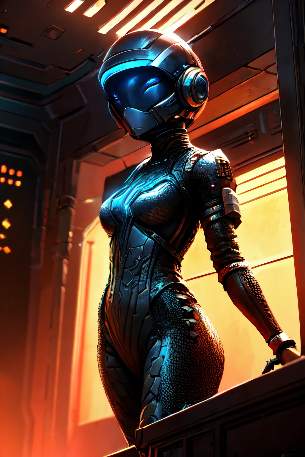 Intricate, futuristic space suit-clad rakkun girl in the interior of a ship, amidst the Mars features. 4K resolution, ultra-detailed rendering to capture every fine detail and texture. Professional photo-realistic quality with vivid colors and studio lighting.