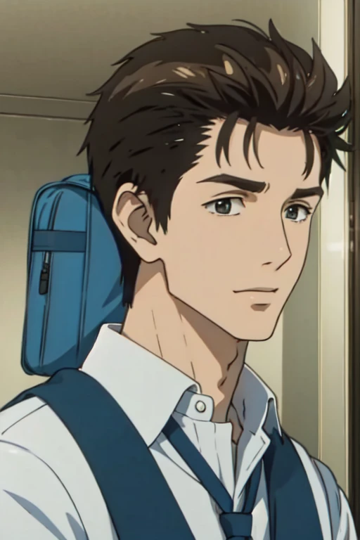 (masterpiece:1.21),(illustration:1.1),best quality,delicate details,refined rendering,Anime style,anime cgi,extremely detailed CG unity 8k wallpaper,1boy,shinichi,,185cm slim male,tall,thin,solo,portrait,Teasing Smile,happy,going to school with a schoolbag,