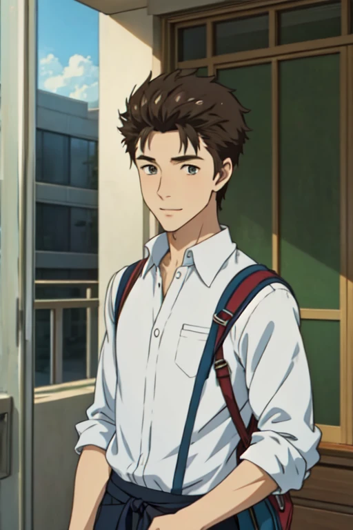 (masterpiece:1.21),(illustration:1.1),best quality,delicate details,refined rendering,Anime style,anime cgi,extremely detailed CG unity 8k wallpaper,1boy,shinichi,,185cm slim male,tall,thin,solo,portrait,Teasing Smile,happy,going to school with a schoolbag,