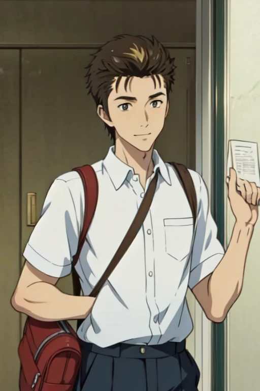 (masterpiece:1.21),(illustration:1.1),best quality,delicate details,refined rendering,Anime style,anime cgi,extremely detailed CG unity 8k wallpaper,1boy,shinichi,,185cm slim male,tall,thin,solo,portrait,Teasing Smile,happy,going to school with a schoolbag,