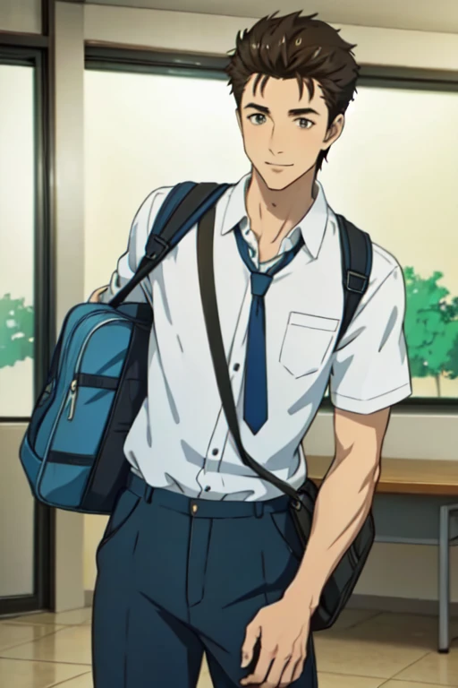 (masterpiece:1.21),(illustration:1.1),best quality,delicate details,refined rendering,Anime style,anime cgi,extremely detailed CG unity 8k wallpaper,1boy,shinichi,,185cm slim male,tall,thin,solo,portrait,Teasing Smile,happy,going to school with a schoolbag,