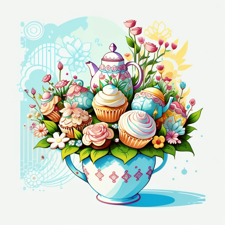 (cute basket of cupcakes with teapots, cups and flowers) Munchkin, Geometric multidimensional wall portrait, livro de arte, Tchibi,
Yang08k, Beautiful, Colouring,
Obras, of the highest quality, best quality, Arte Oficial, Beautiful and Aesthetic,