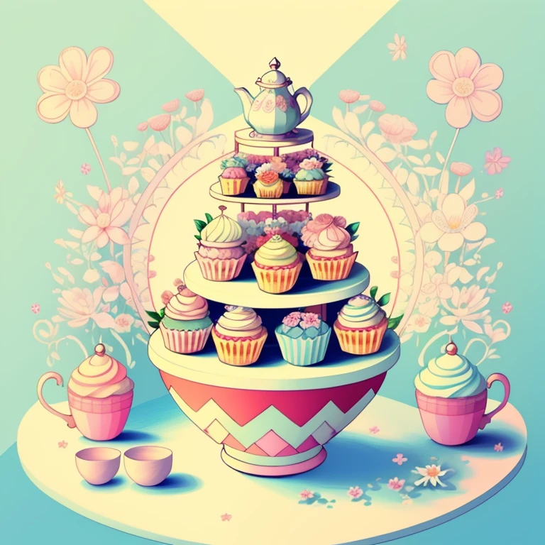 (cute basket of cupcakes with teapots, cups and flowers) Munchkin, Geometric multidimensional wall portrait, livro de arte, Tchibi,
Yang08k, Beautiful, Colouring,
Obras, of the highest quality, best quality, Arte Oficial, Beautiful and Aesthetic,