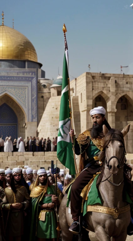 Saladin increasing the unity, power and prestige of the Islamic world with his conquest of Jerusalem in a historical scene. In the background, the Islamic world’s map and flags. In the foreground, Saladin receiving the congratulations and praises of the Muslim leaders and scholars. The image has brown, green and white colors dominant. The image is drawn in an epic, legendary and cinematic style.